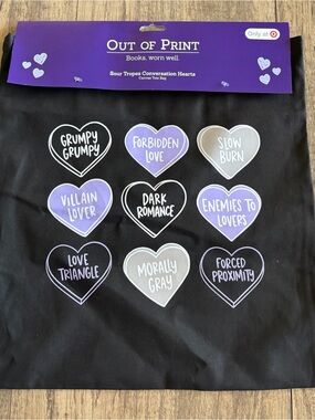 Out of Print Black Tote Bag with Purple and Gray Conversation Hearts